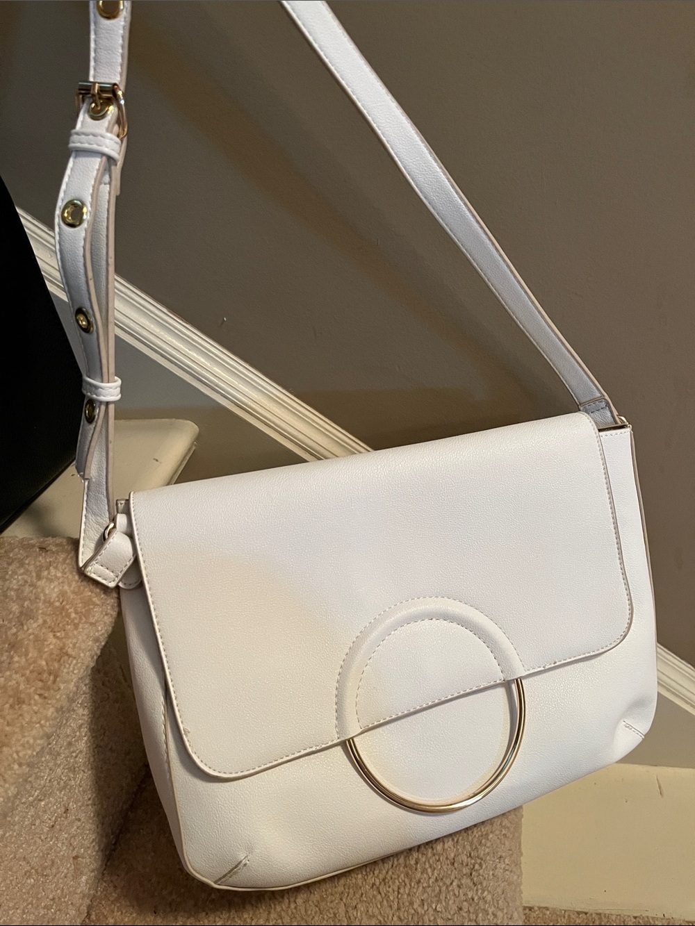 White Crossbody Shoulder Bag with Gold Ring Accent